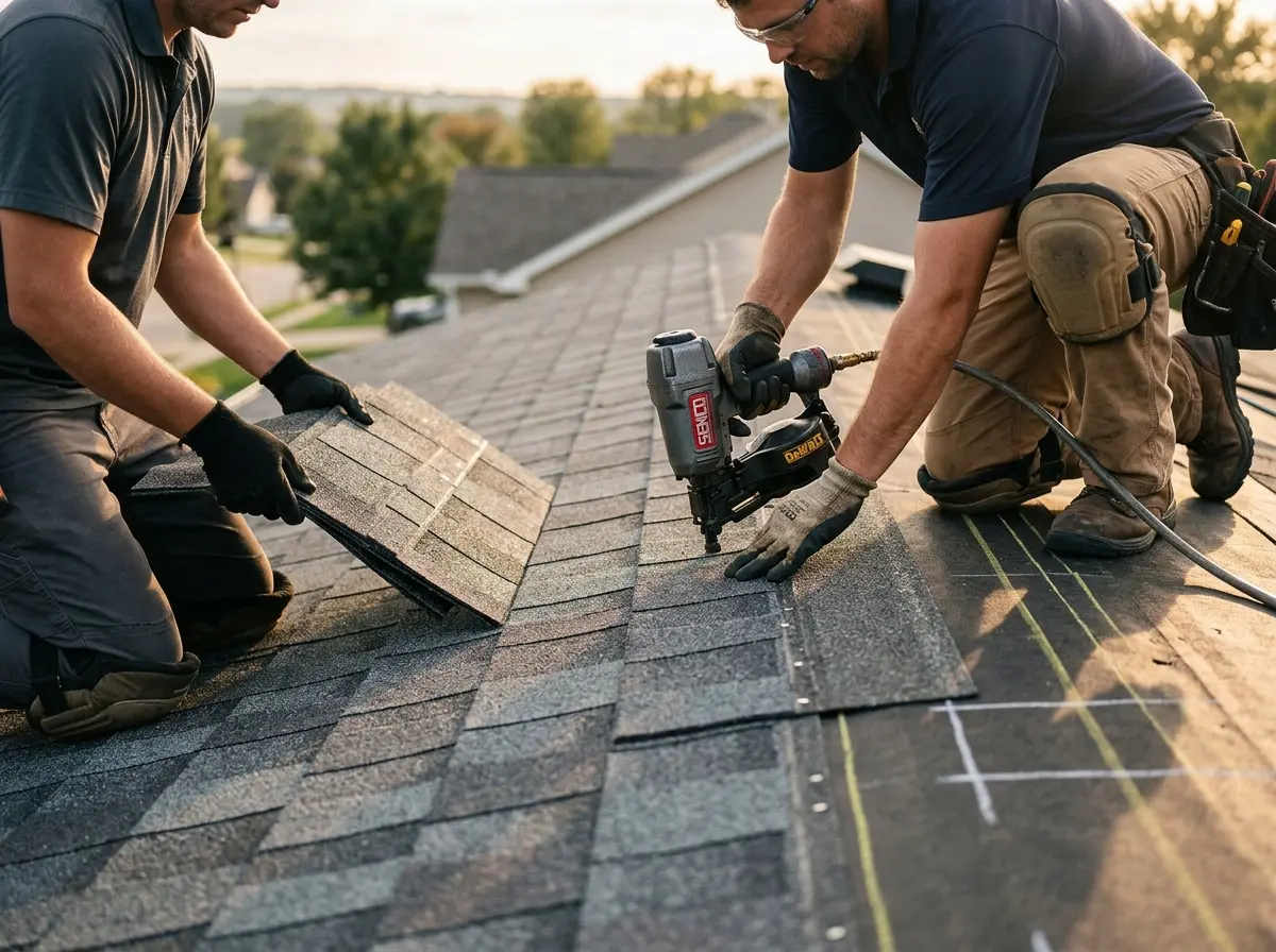 Professional roofer working on a residential roof in Shelburne